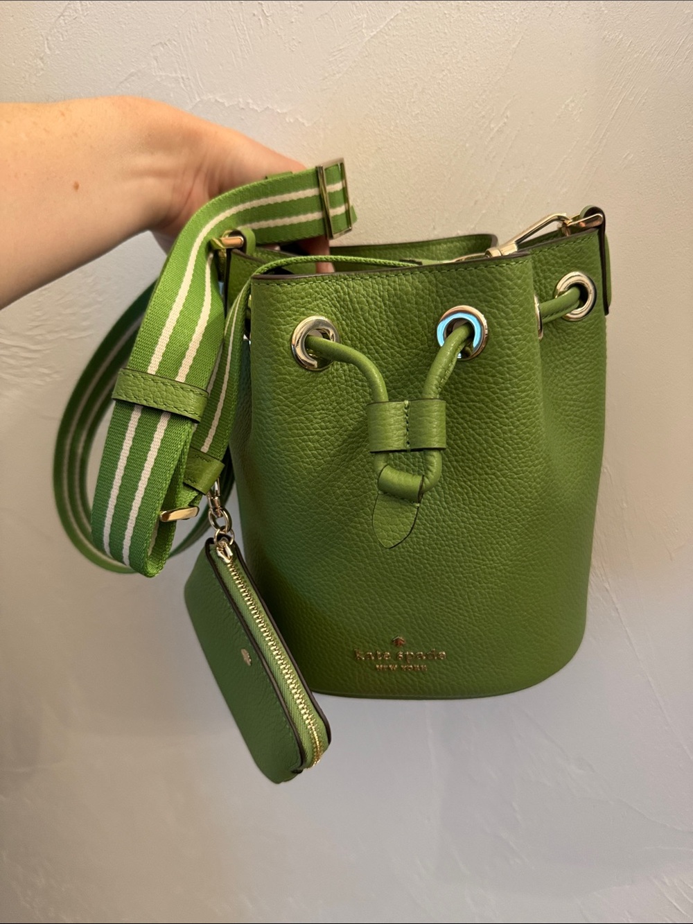 LIKE NEW kate spade Green Pebbled Leather Bucket Bag with Striped Strap